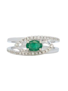 0.5 Ct Zambian Emerald & Diamond Accent Ring in Solid 14K White Gold